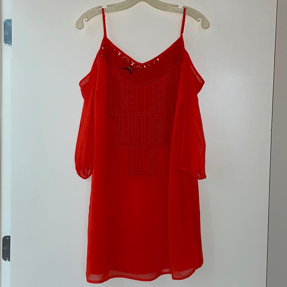 Red off-the-shoulder Slip Dress with embroidered front